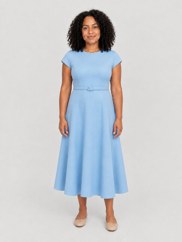Maya's likeness in the powder-blue midi dress